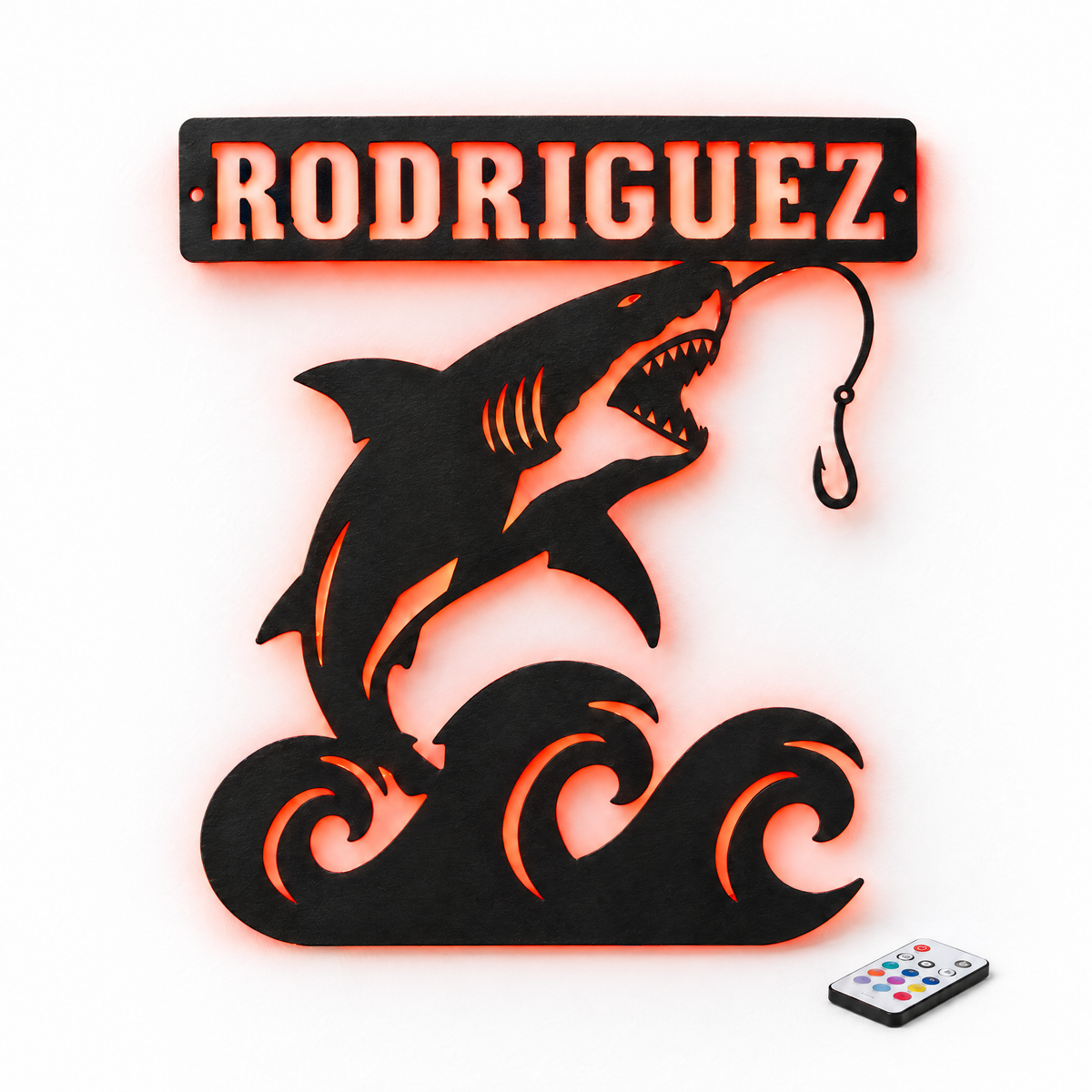 Shark metal name sign RODRIGUEZ with red LED backlight