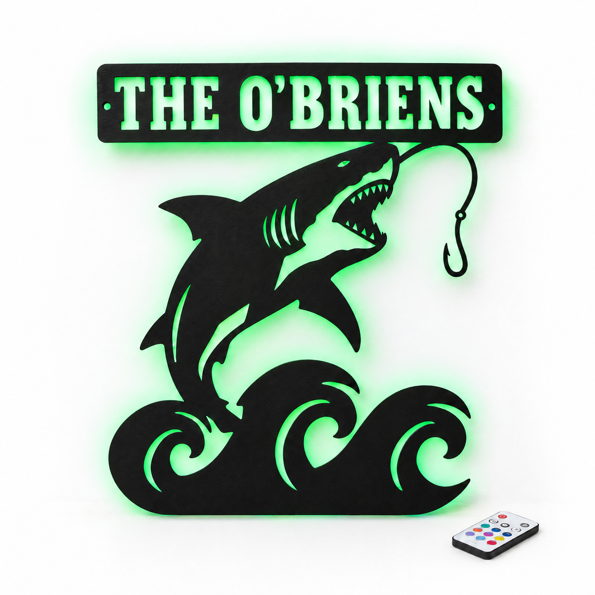 Shark metal name sign THE O'BRIENS with green LED backlight