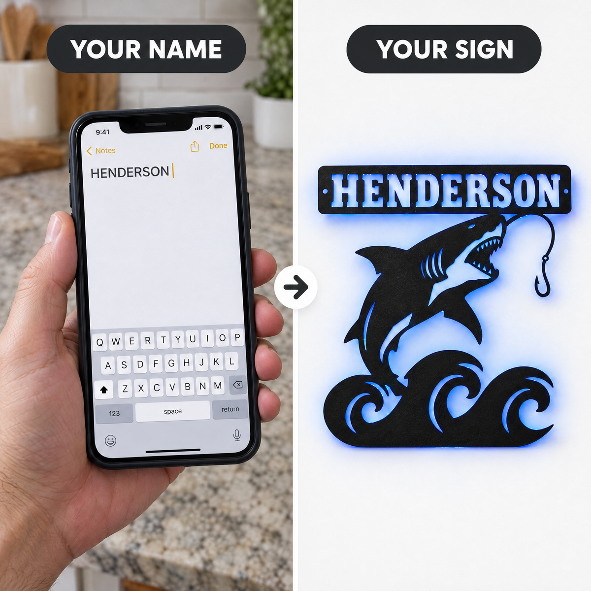 Typed name HENDERSON on phone next to finished shark LED sign