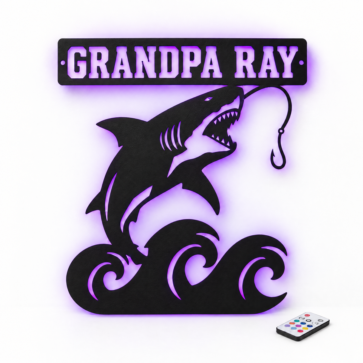 Shark metal name sign GRANDPA RAY with purple LED backlight