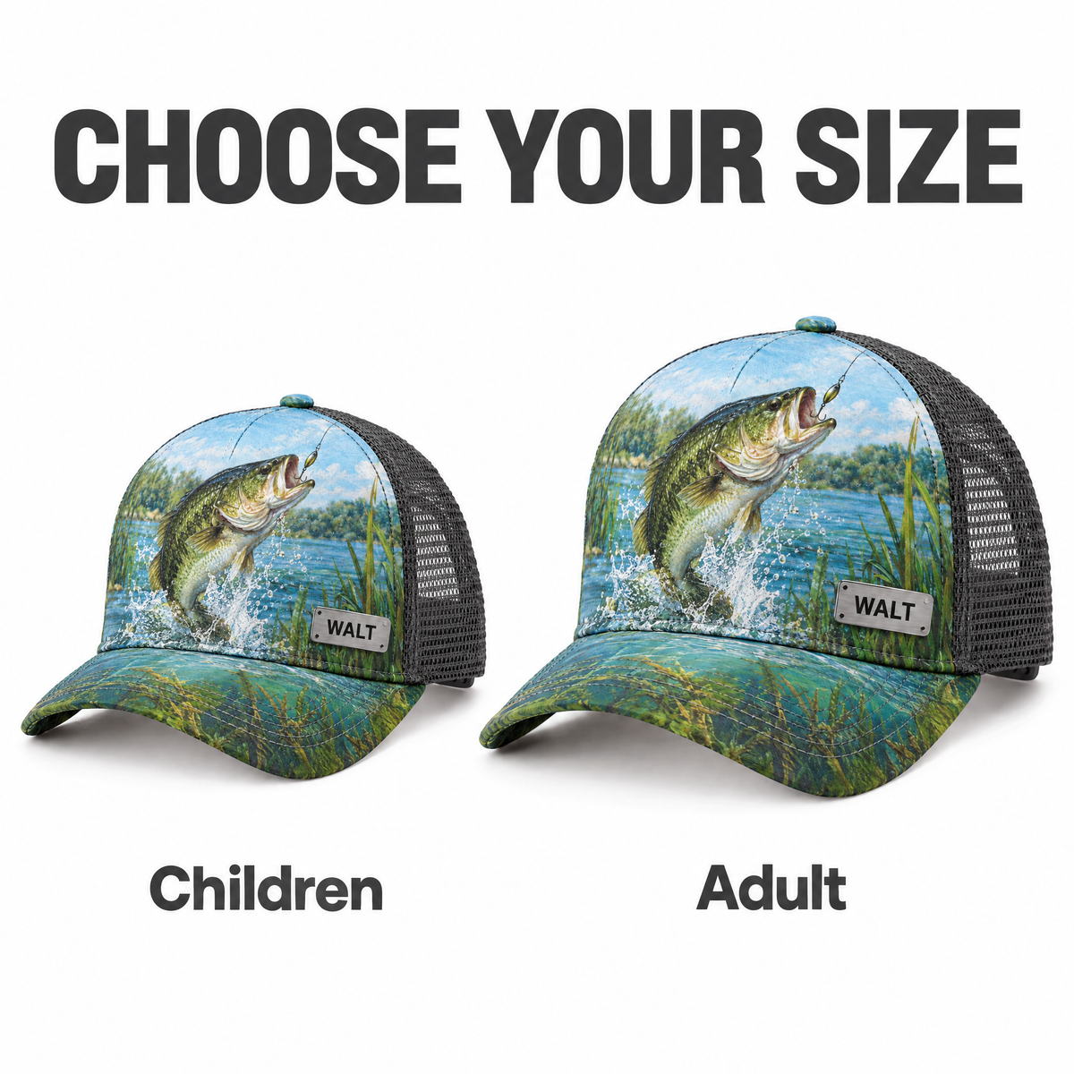Choose your size: Children and Adult bass fishing caps