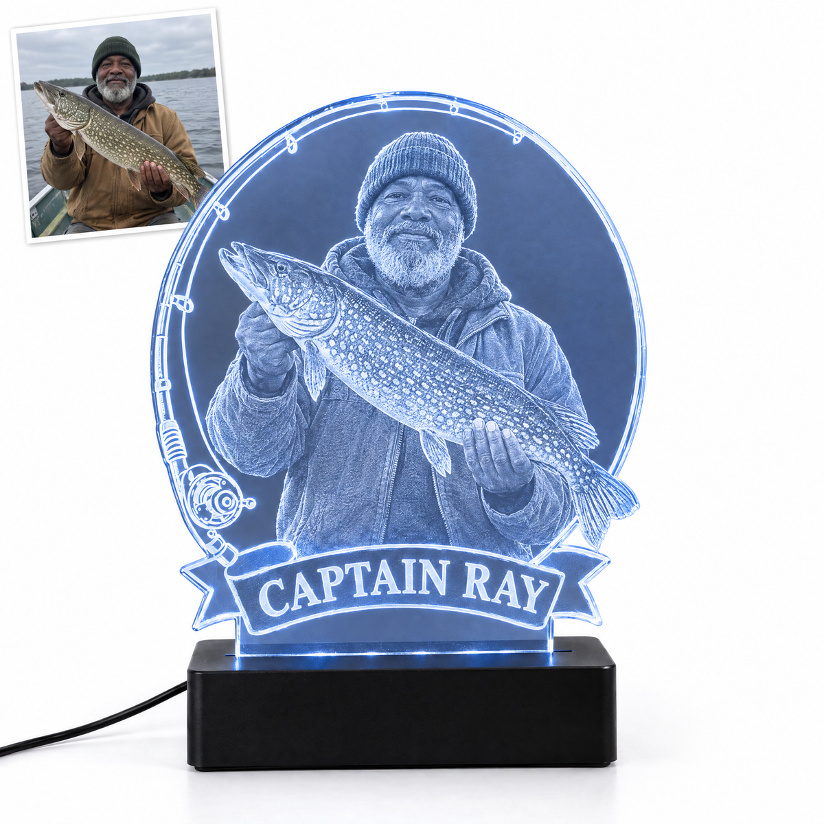 Blue-lit LED light with pike angler portrait, banner CAPTAIN RAY
