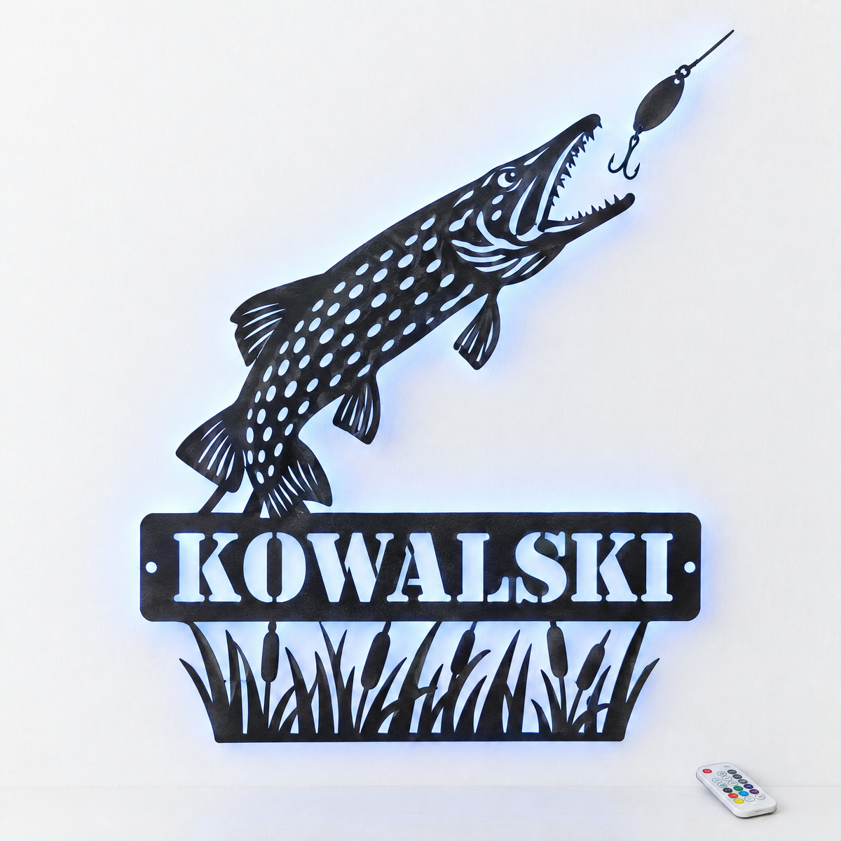 Custom pike metal name sign KOWALSKI with cool blue LED backlight