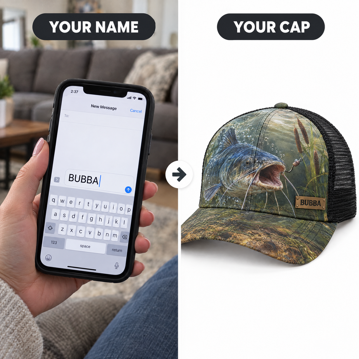Name typed on phone becomes BUBBA nameplate on catfish cap