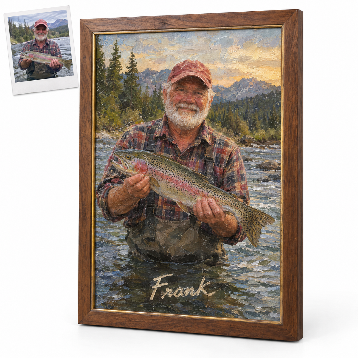 Framed oil painting of angler with rainbow trout and name Frank