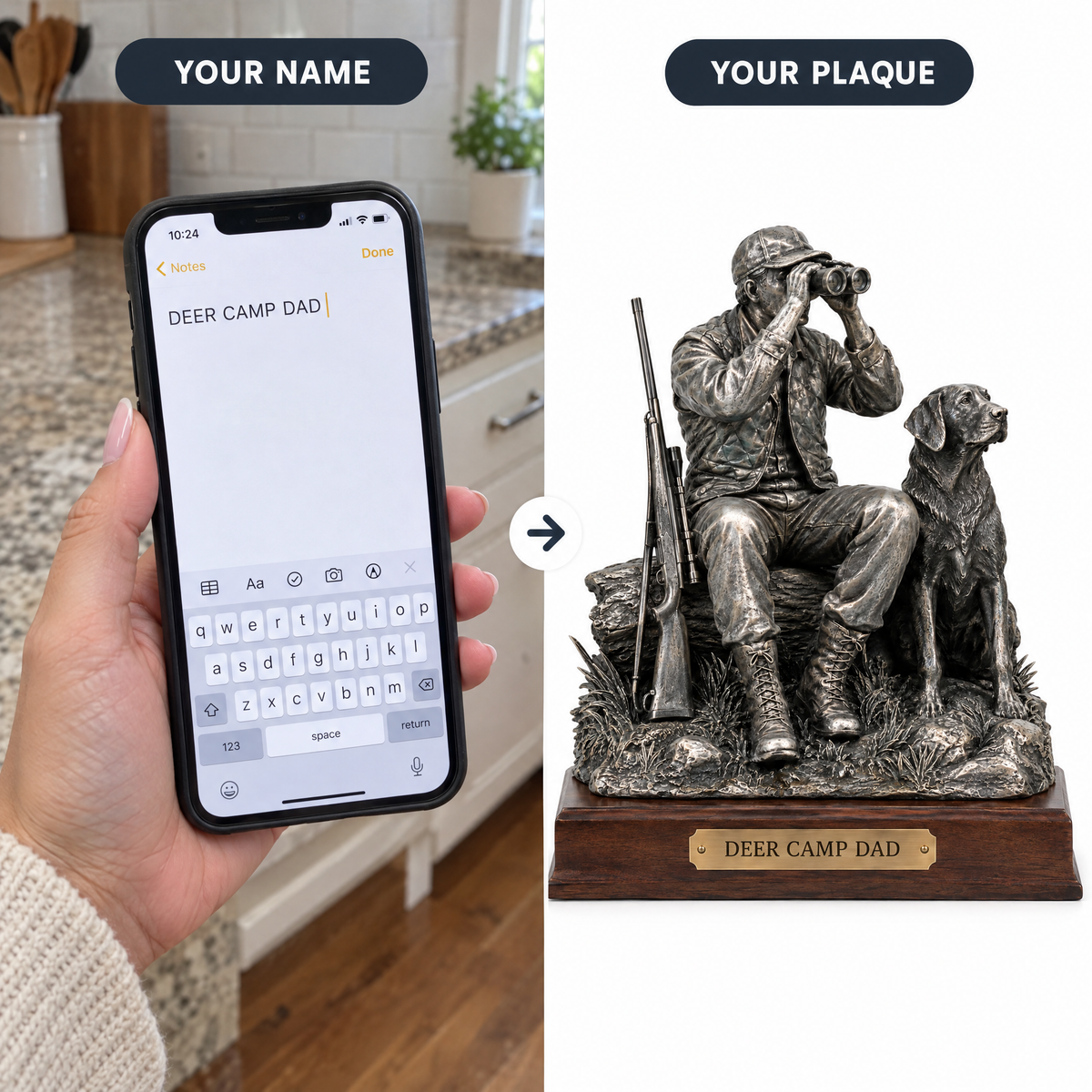 Typed name on phone and finished hunter plaque DEER CAMP DAD