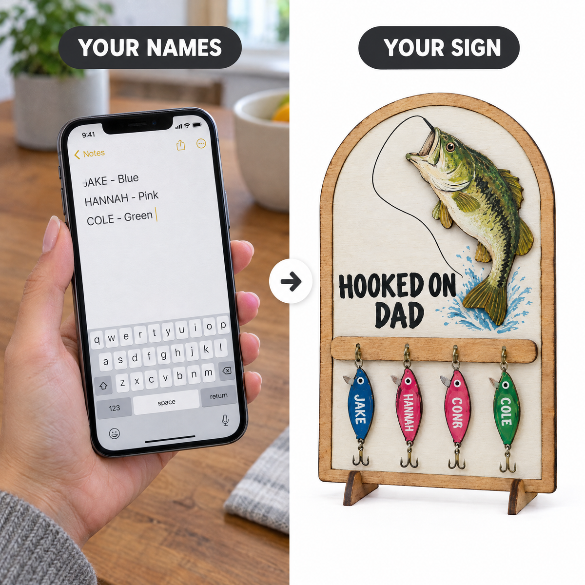 Typed names and lure colors on phone beside finished wooden bass sign