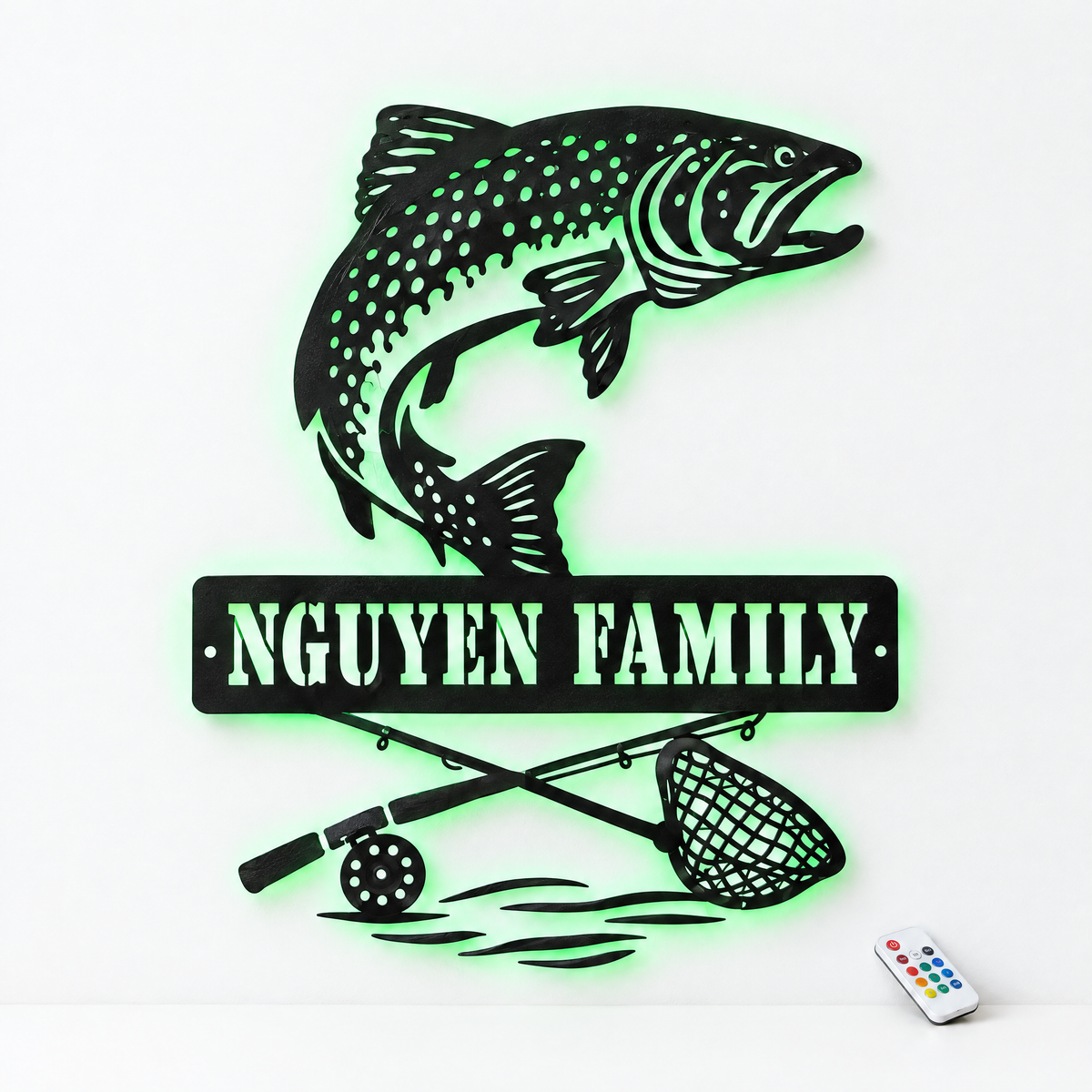 Salmon metal sign NGUYEN FAMILY with green LED backlight