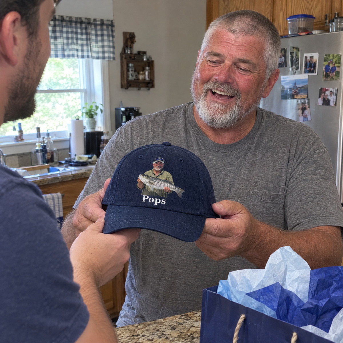 Son gives dad a custom photo fishing cap on Father's Day