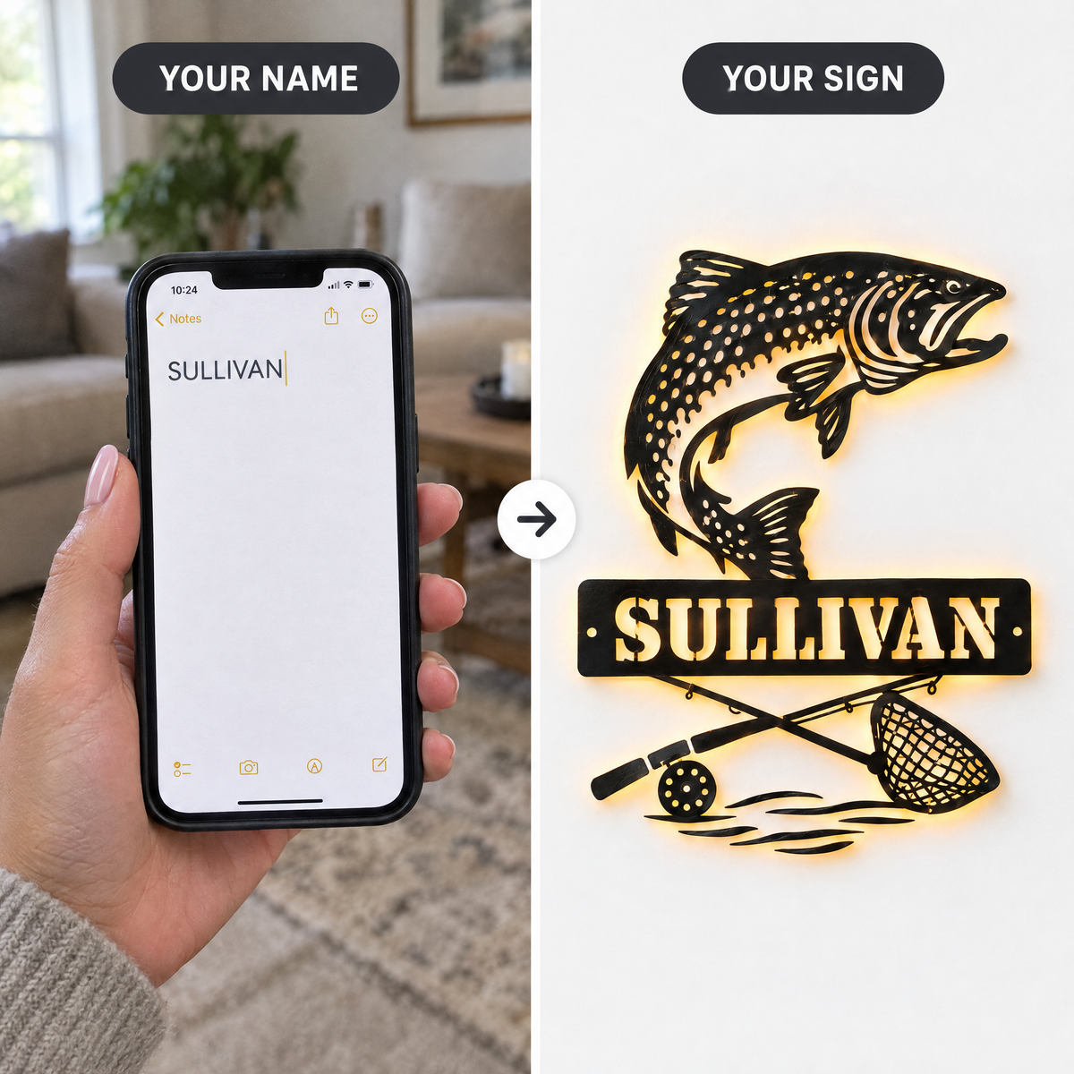 Typed name SULLIVAN on phone beside finished salmon LED sign
