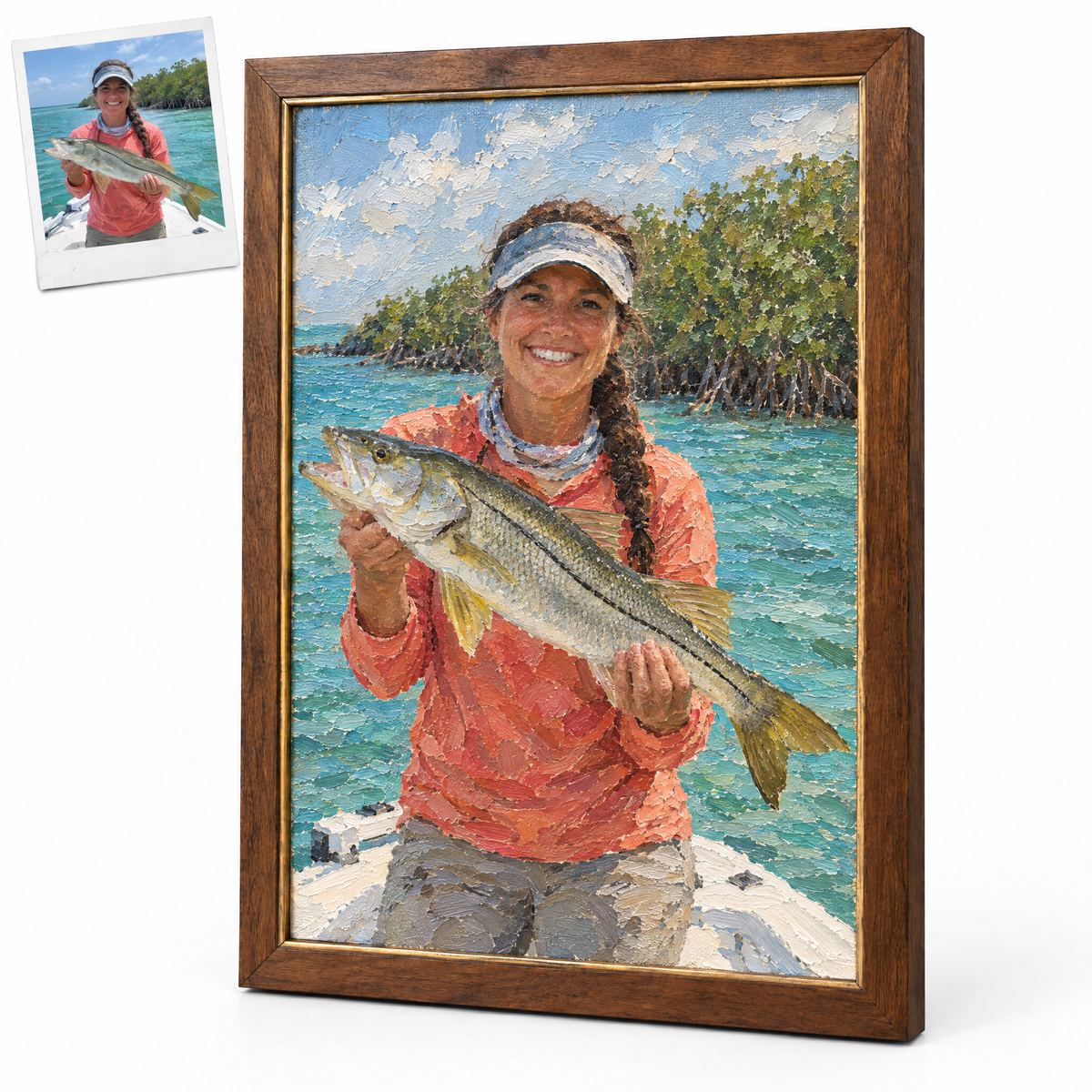 Without-name oil painting of woman angler with snook