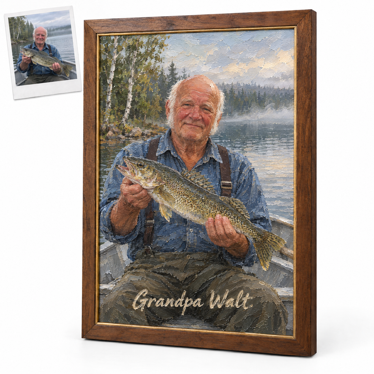 Oil painting of grandpa with walleye in rowboat, Grandpa Walt