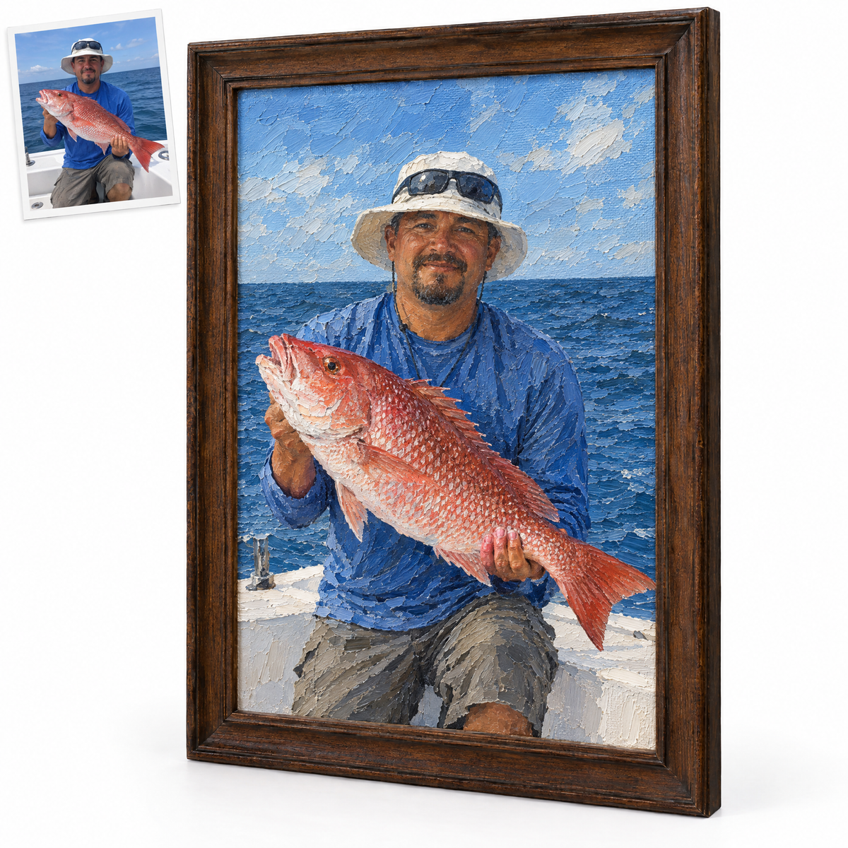 Oil painting of angler with red snapper on charter boat
