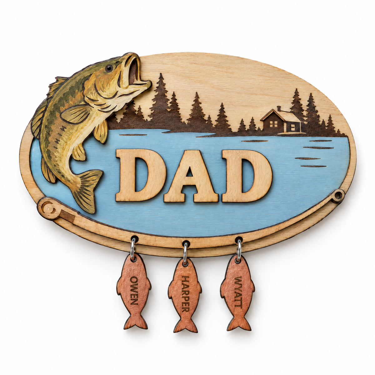 Wooden fishing plaque DAD with three fish name tags