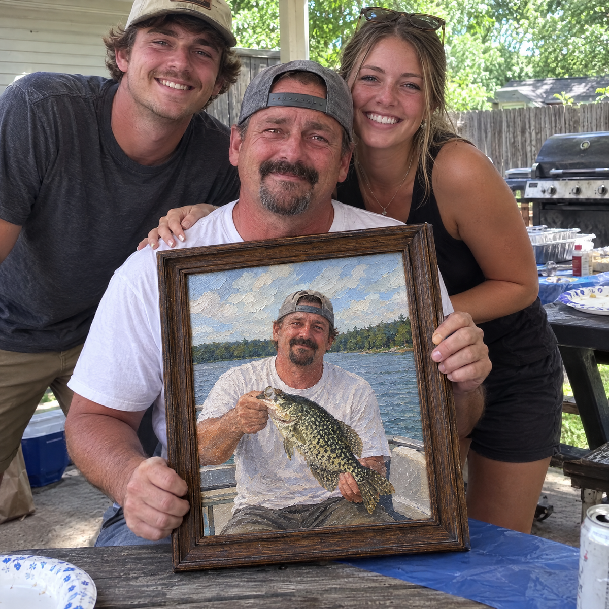 Kids give dad his crappie fishing oil painting on Father's Day