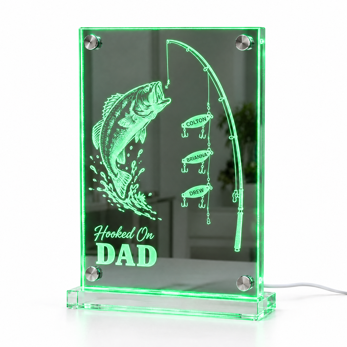 Fishing LED mirror light Hooked On DAD with three name lures lit green