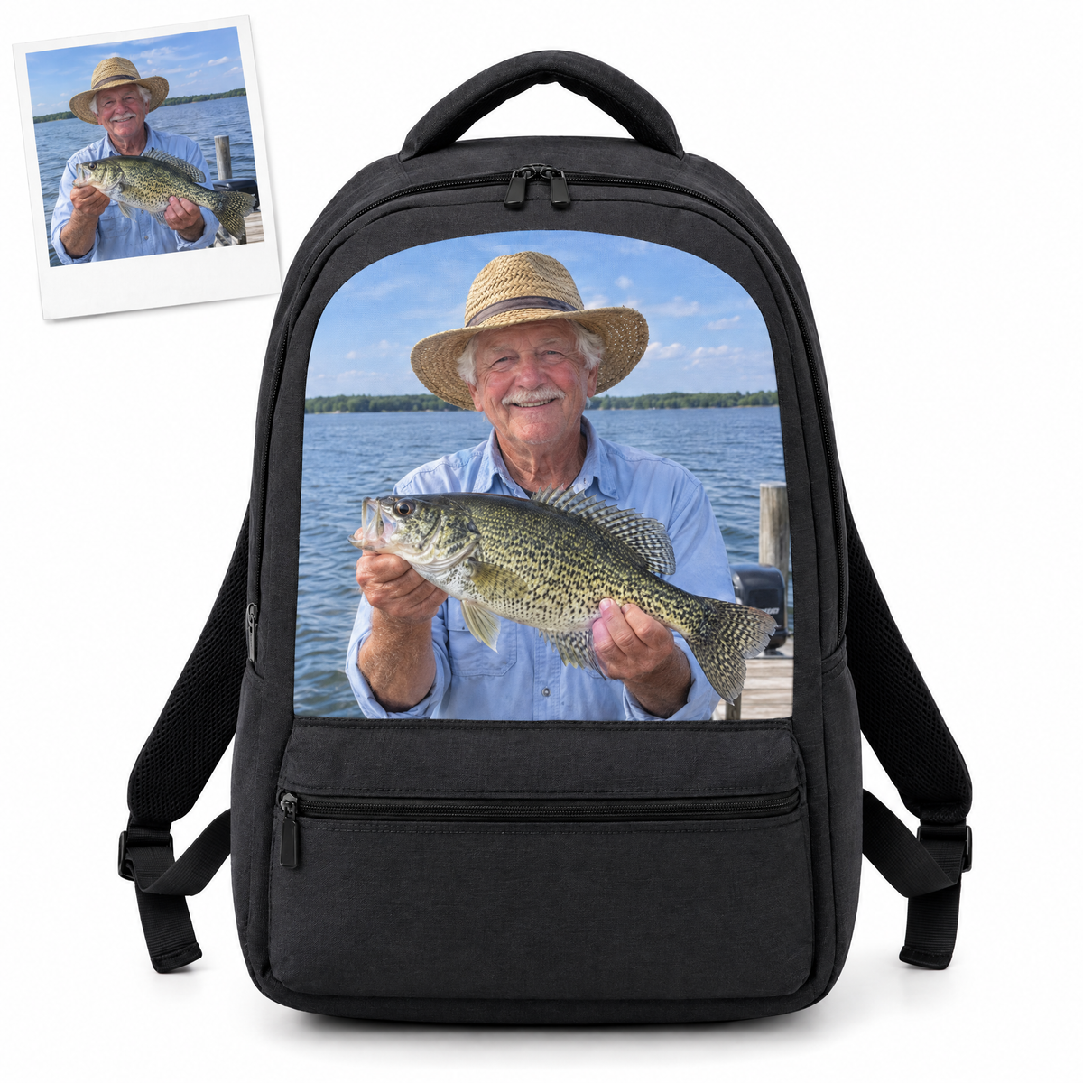 Black photo backpack with grandpa holding crappie