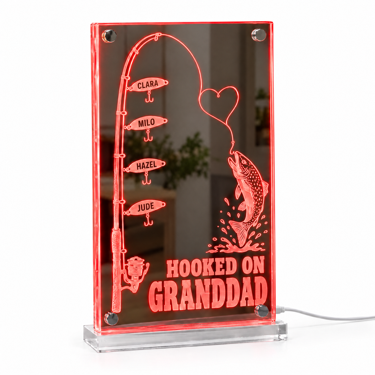 Fishing rod LED mirror light HOOKED ON GRANDDAD with four name lures lit red