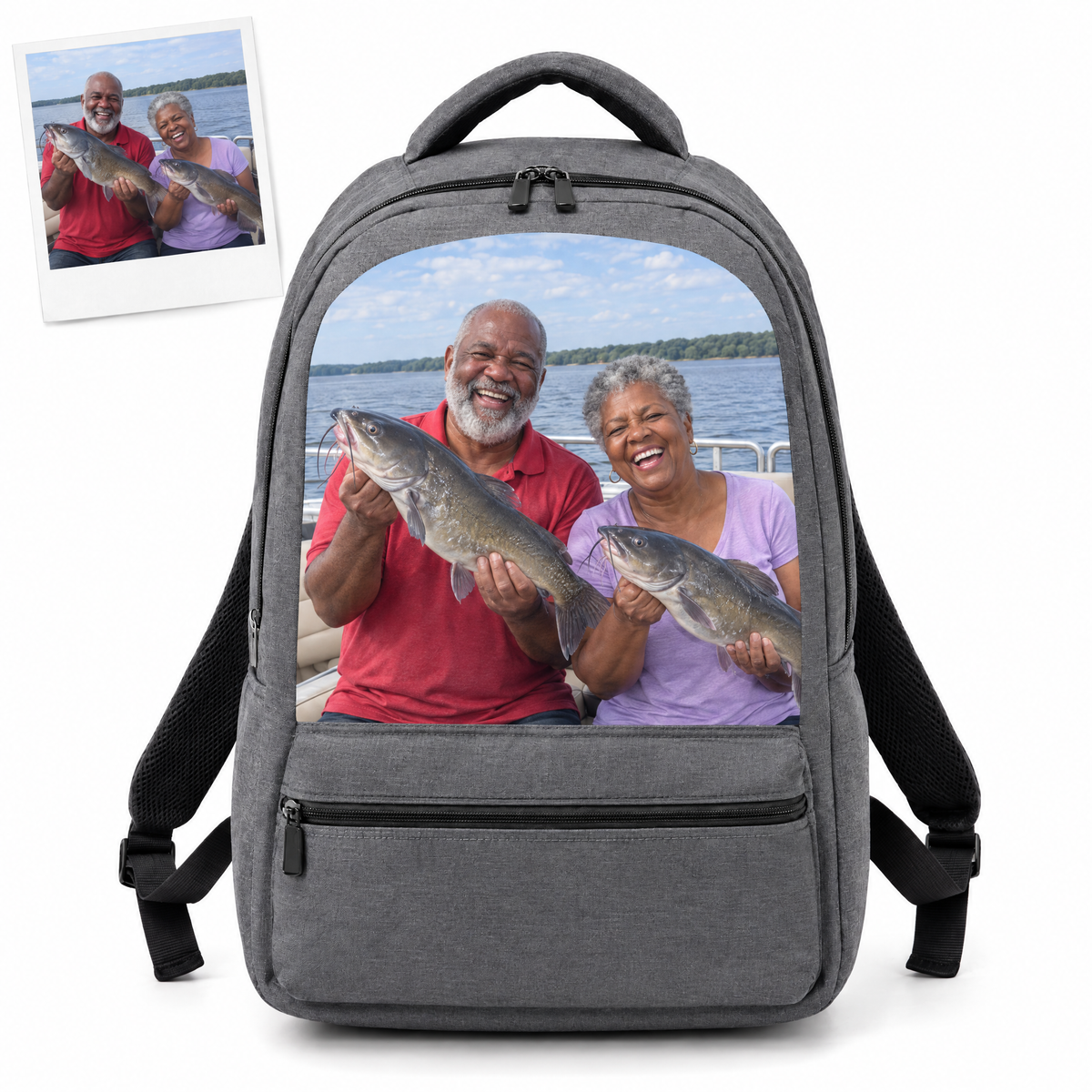Gray photo backpack with couple holding catfish