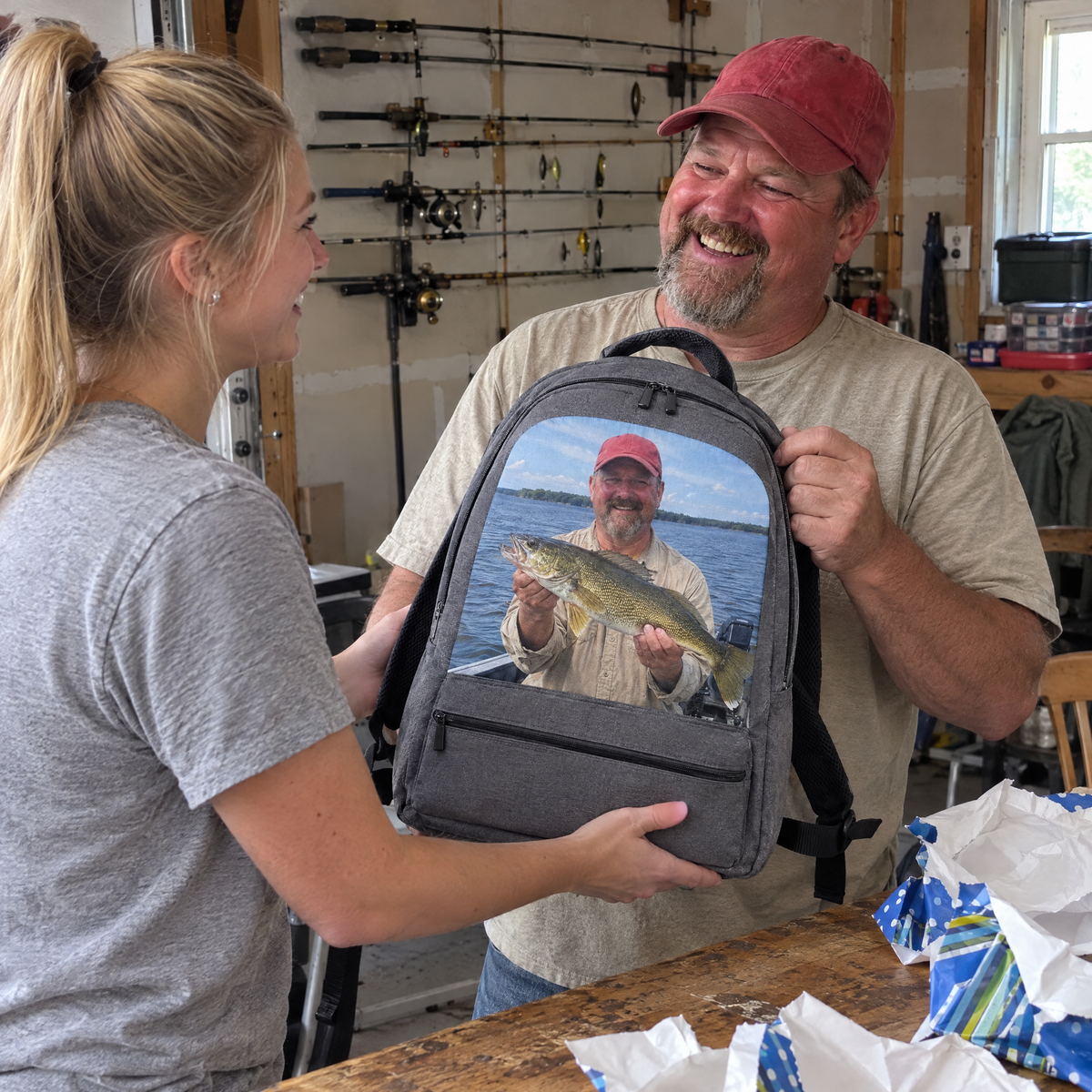 Daughter gives dad custom fishing photo backpack for Father's Day