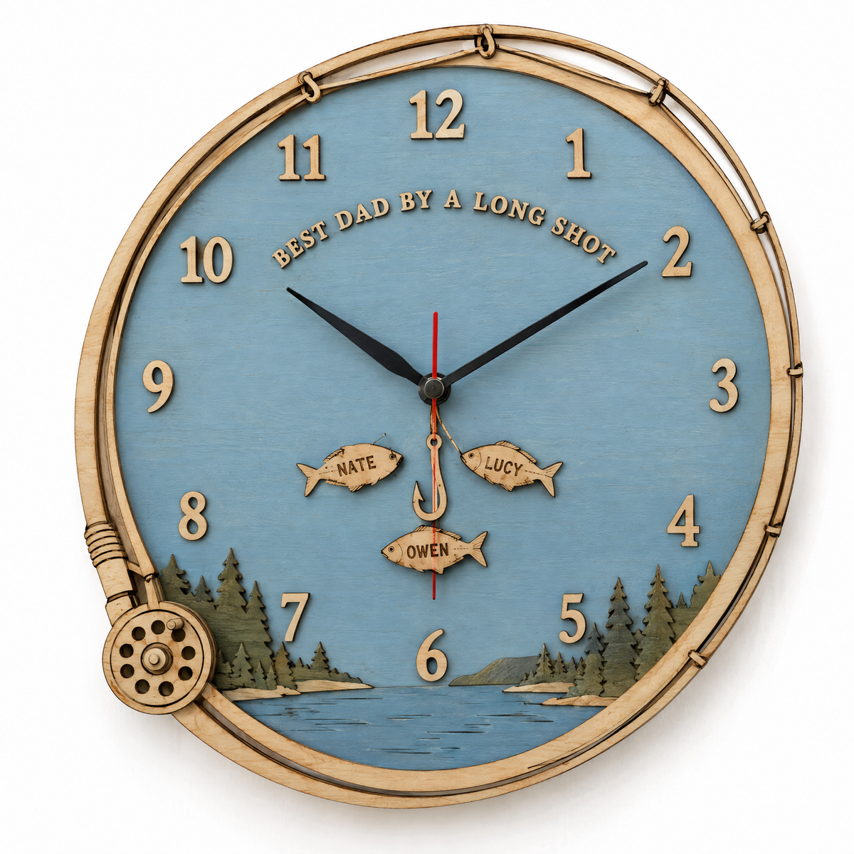 Layered wooden fishing wall clock BEST DAD BY A LONG SHOT with three name fish