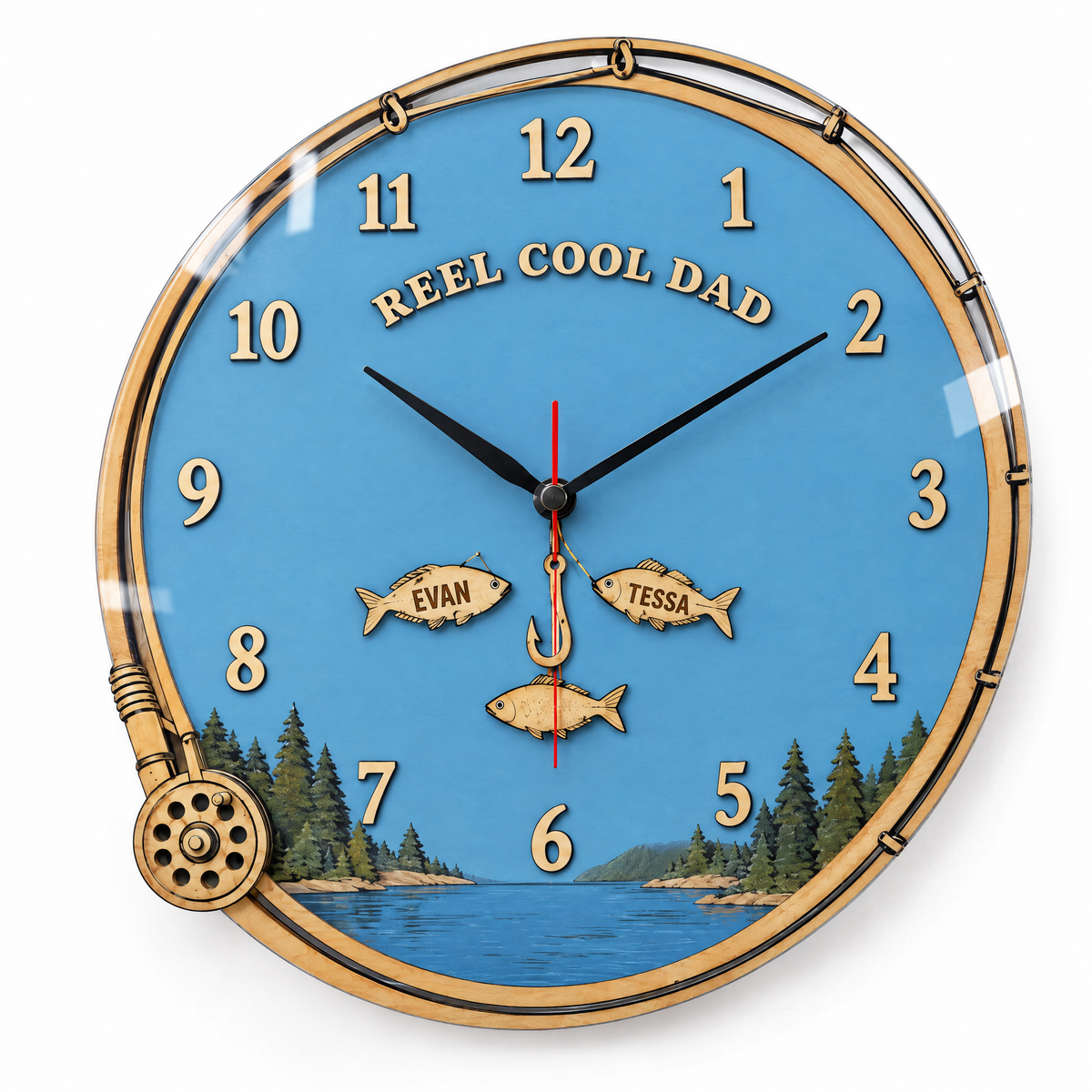 Acrylic fishing wall clock REEL COOL DAD with two name fish