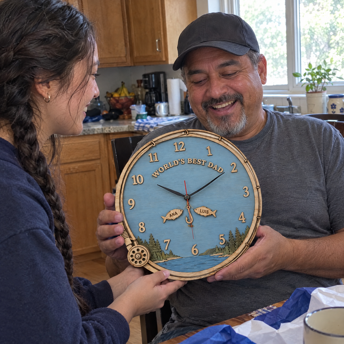 Daughter gives dad a WORLD'S BEST DAD fishing clock on Father's Day
