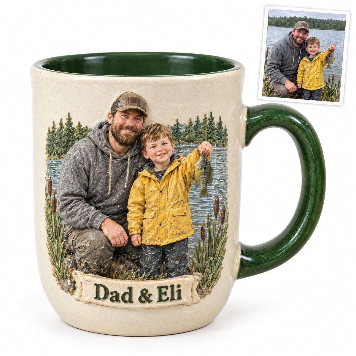 Relief mug of dad and son with bluegill, Dad & Eli