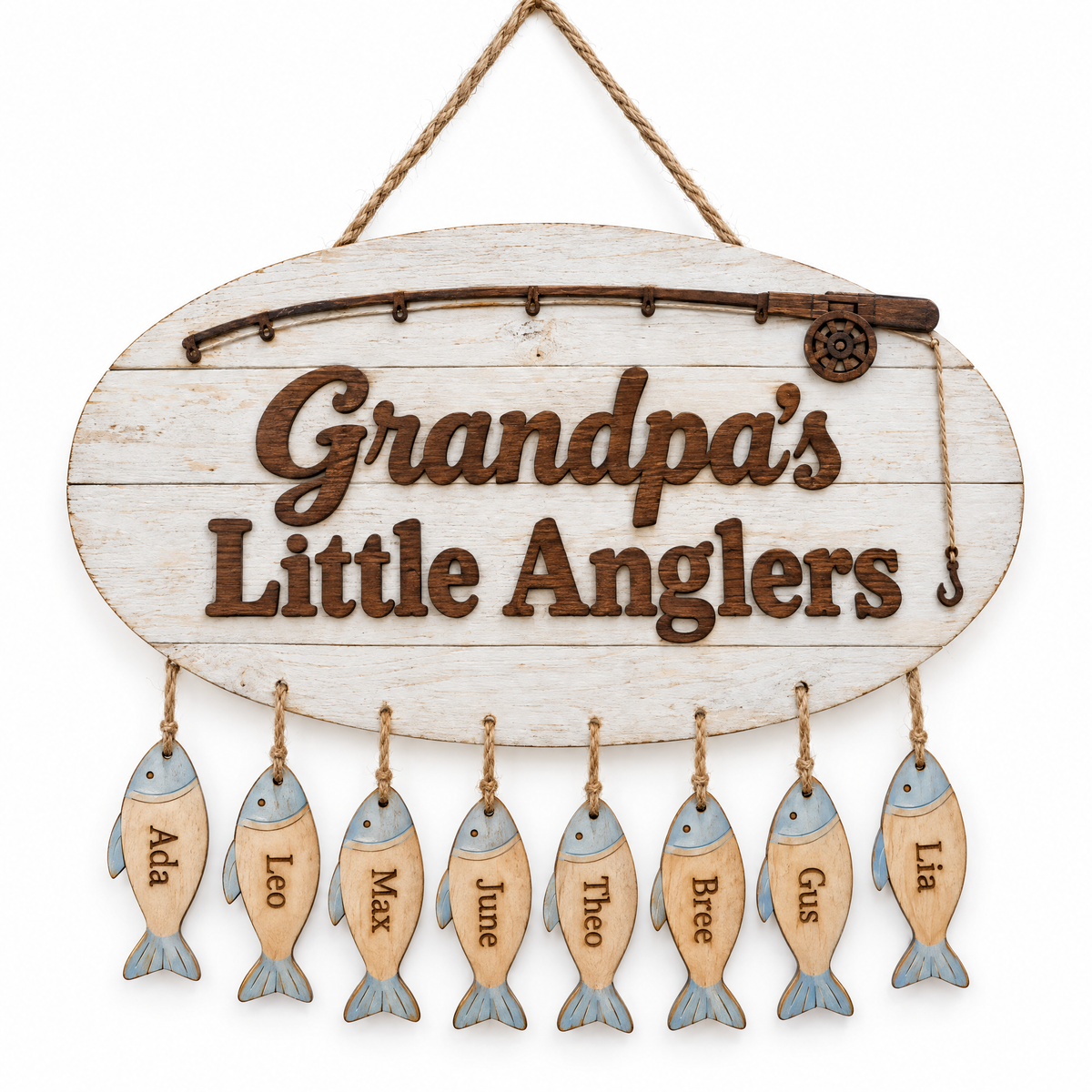 Wooden fishing sign Grandpa's Little Anglers with eight name fish