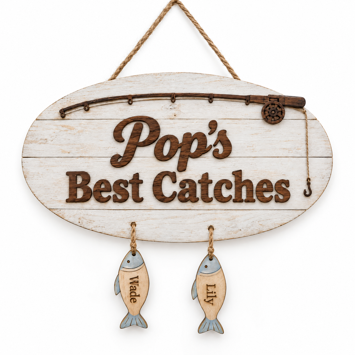 Wooden fishing sign Pop's Best Catches with two name fish