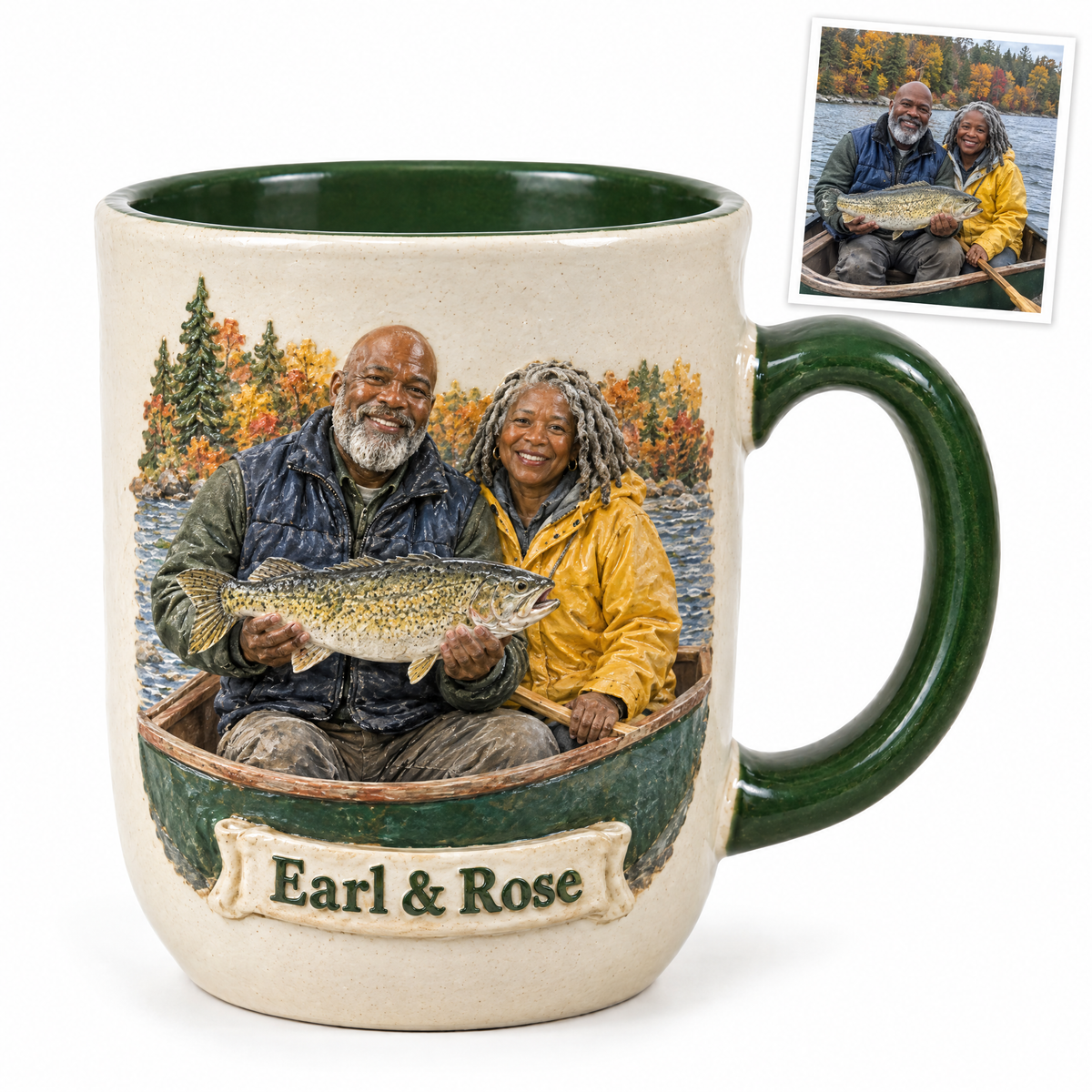 Relief mug of couple in canoe with walleye, Earl & Rose
