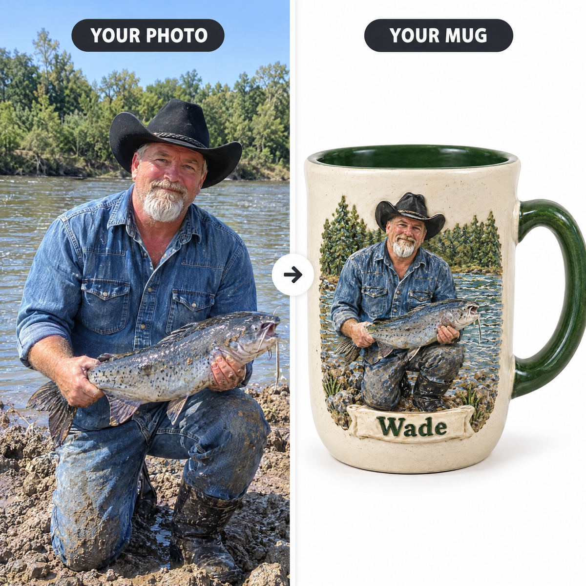 Catfish photo turned into hand-painted relief mug named Wade