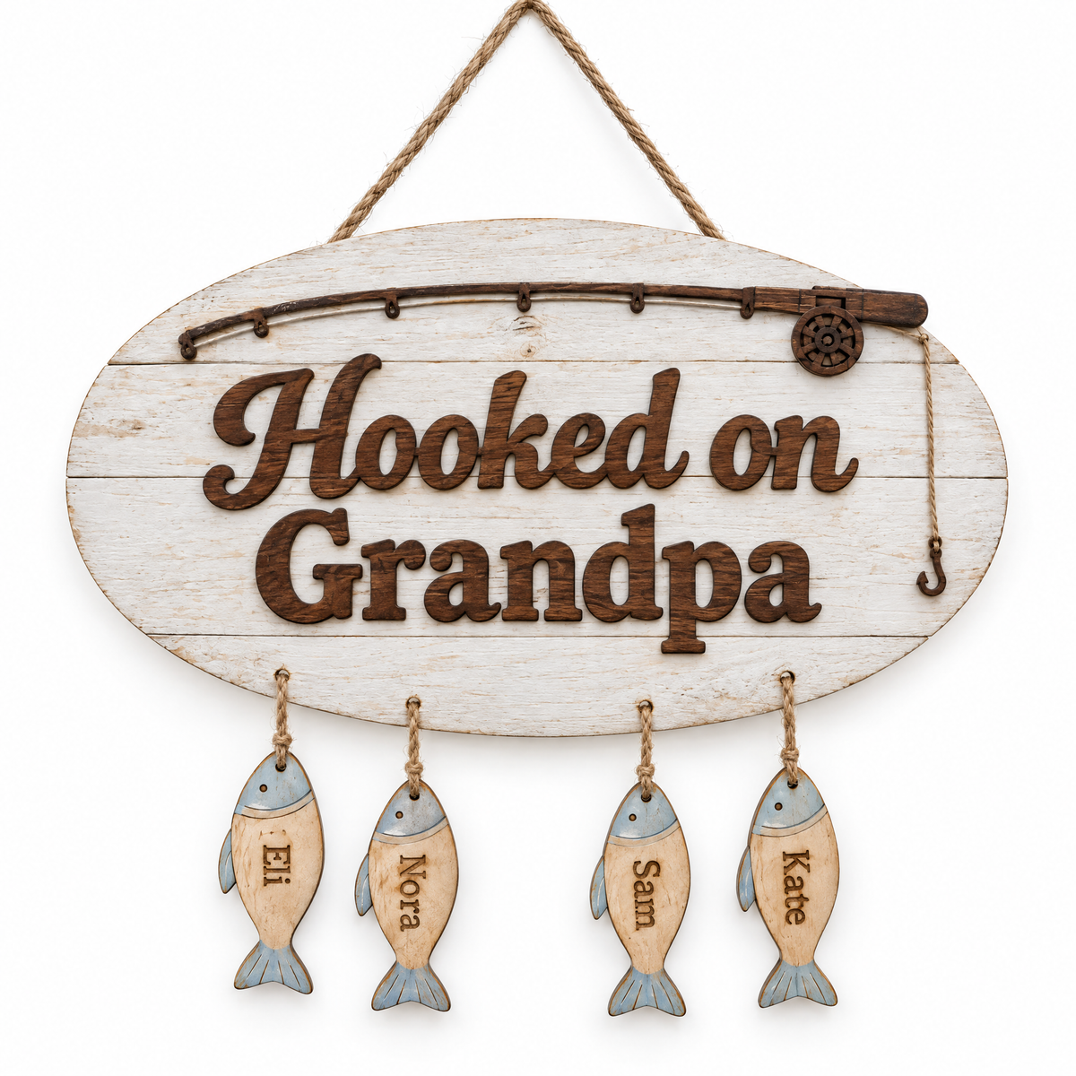 Wooden fishing sign Hooked on Grandpa with four name fish