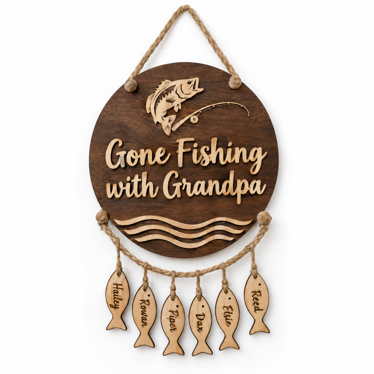 Round walnut fishing sign Gone Fishing with Grandpa with six hanging name fish