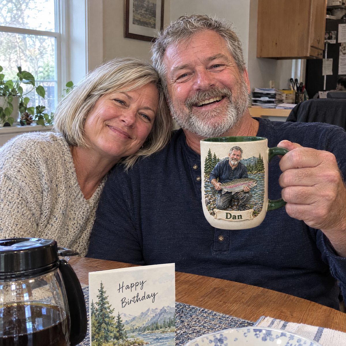 Husband holds his fishing photo mug from wife on his birthday