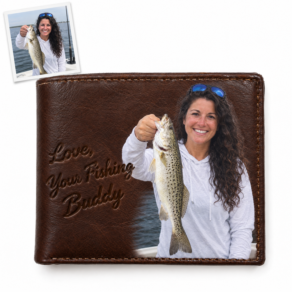 Brown photo wallet of woman angler with trout, Love Your Fishing Buddy
