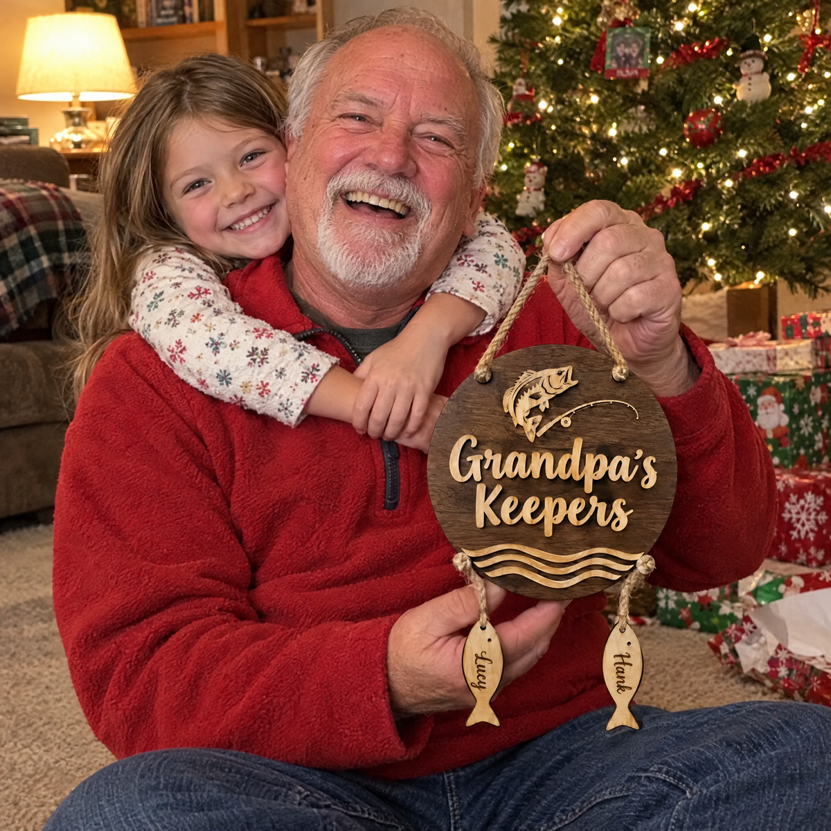 Granddaughter hugs grandpa holding Grandpa's Keepers sign at Christmas