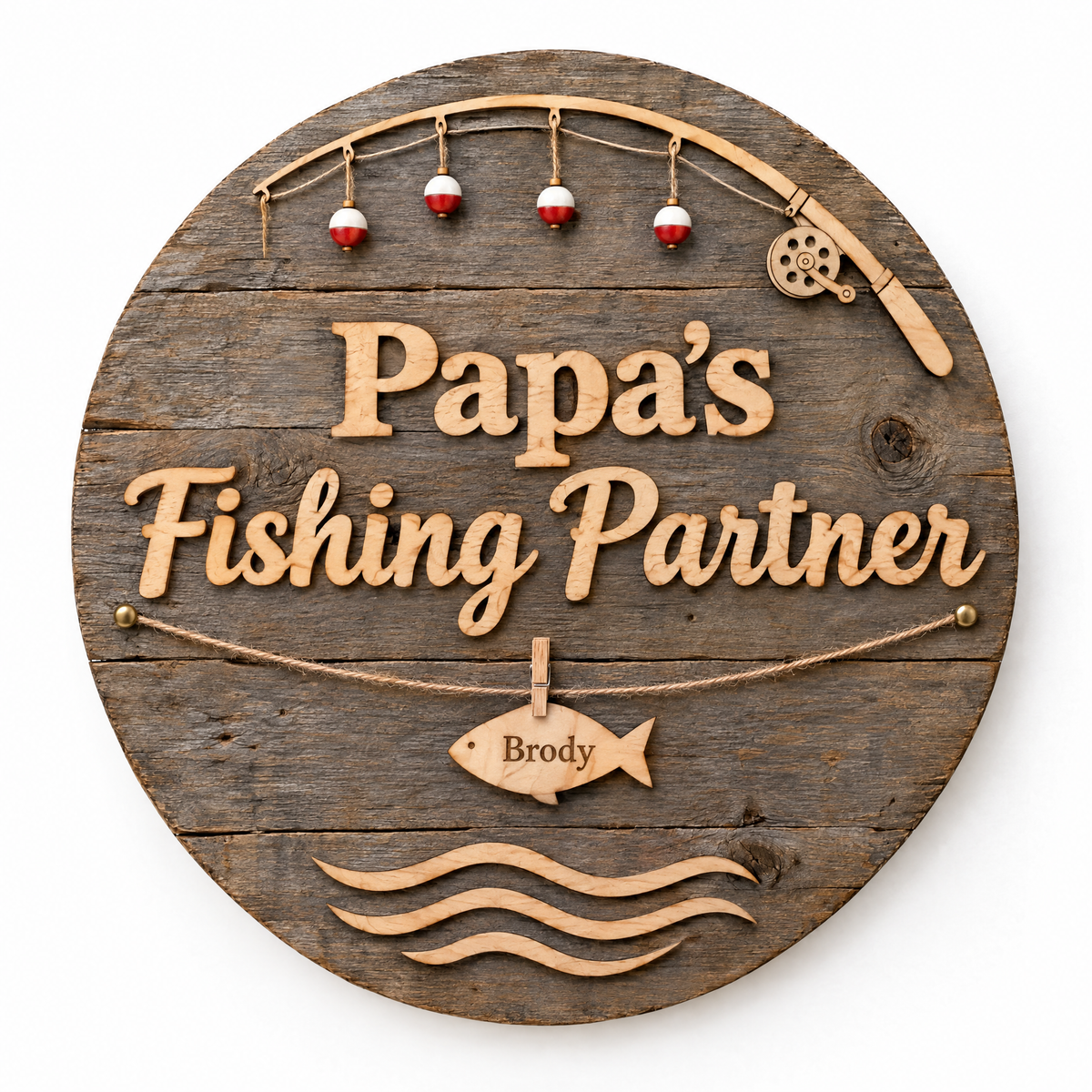 Barnwood fishing sign Papa's Fishing Partner with one name fish