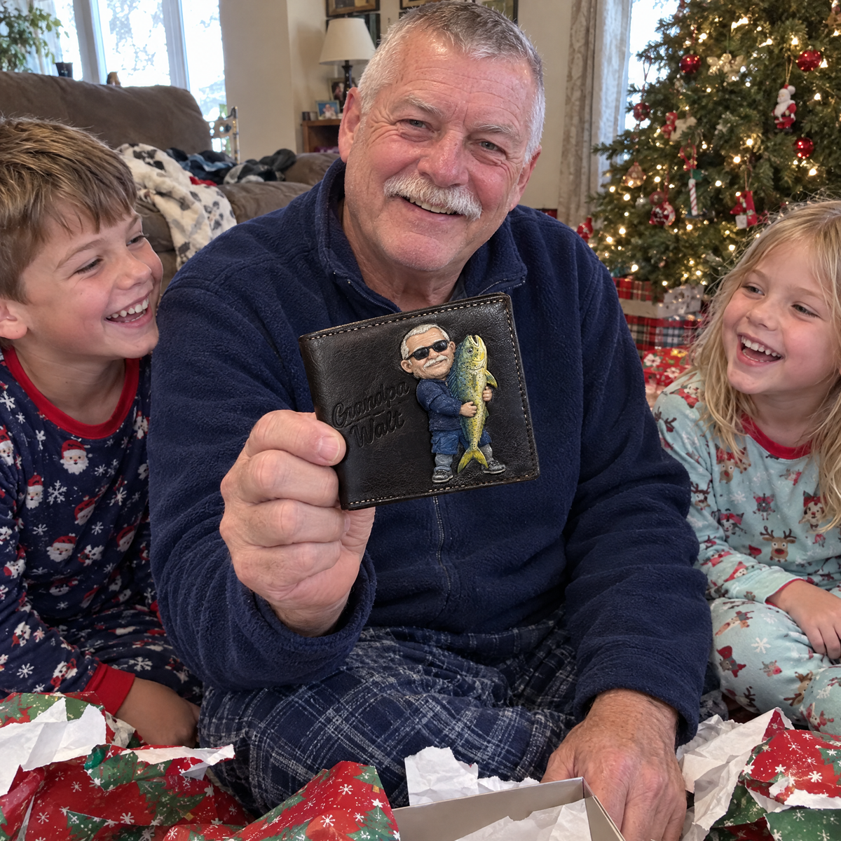 Grandpa shows chibi fishing wallet with grandkids at Christmas