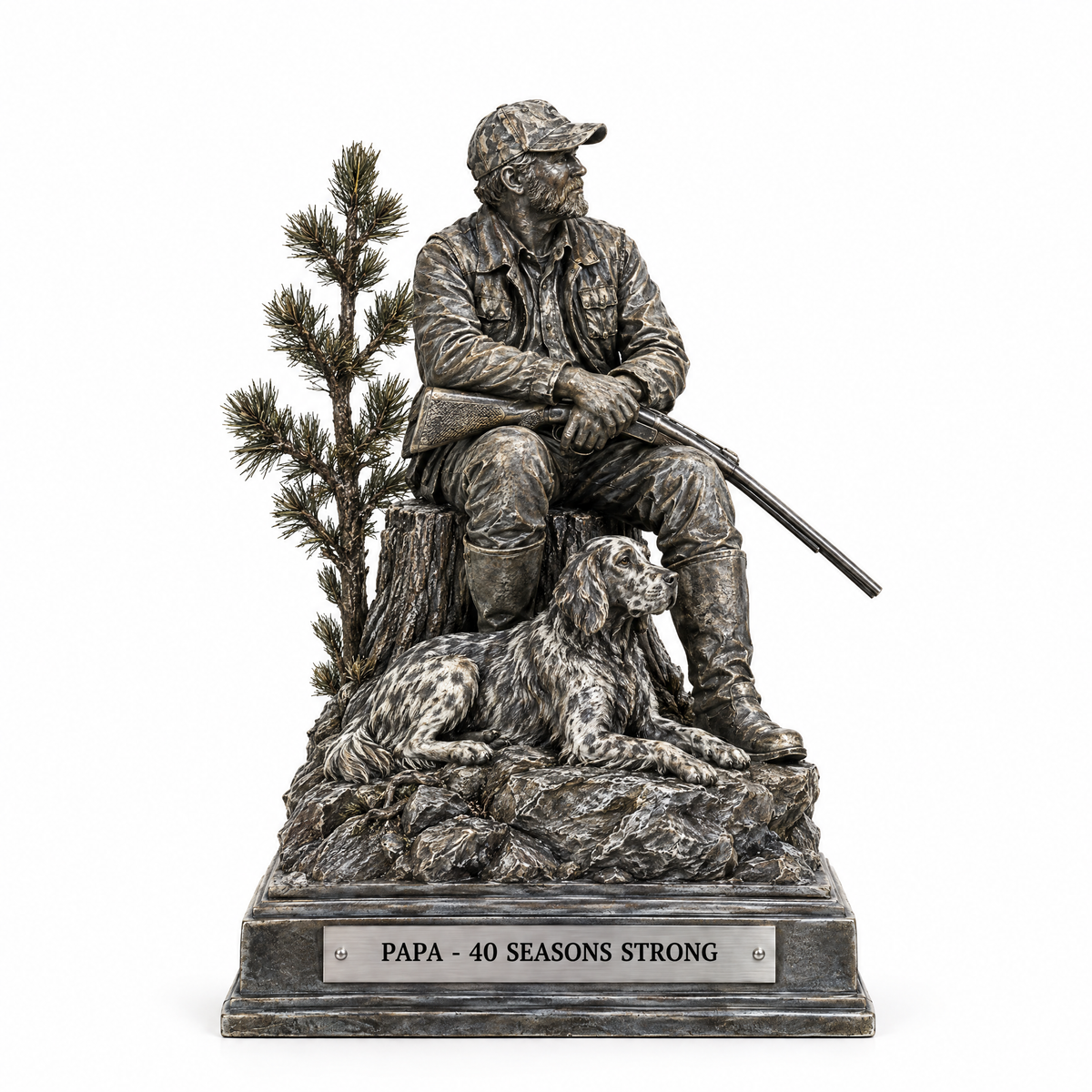 Seated hunter with setter keepsake style 4 engraved PAPA - 40 SEASONS STRONG