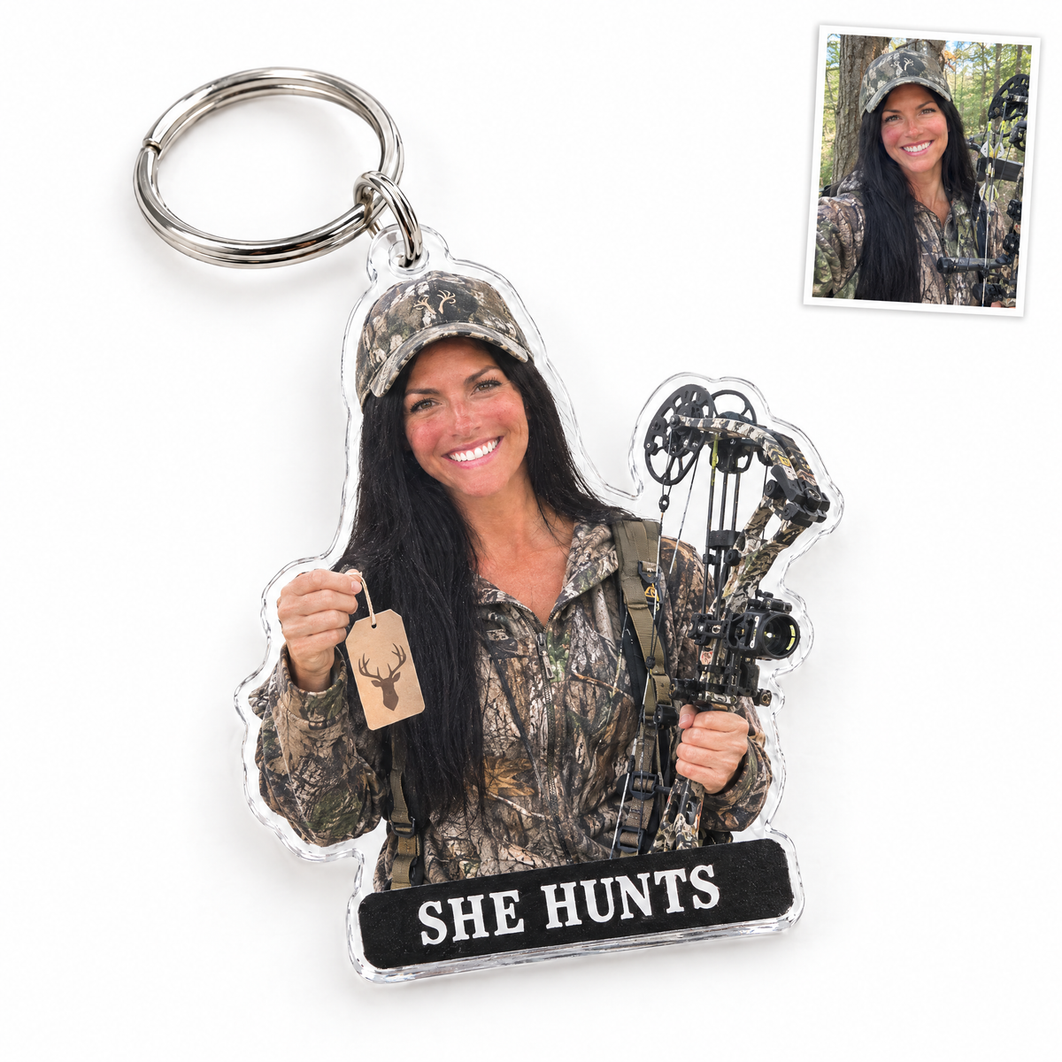 Acrylic keychain of woman bow hunter, SHE HUNTS