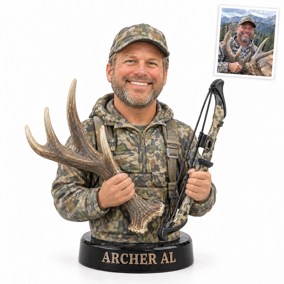 Bow hunter figurine with recurve bow and elk, ARCHER AL