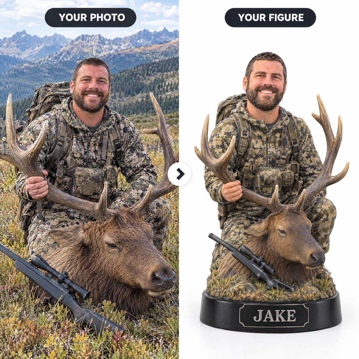 Elk hunting photo turned into a custom photo figurine JAKE