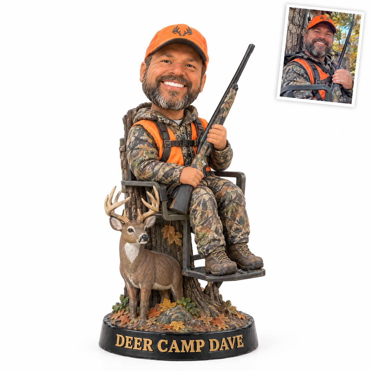 Caricature hunting figurine style 1, tree stand deer hunter, DEER CAMP DAVE, customer photo top right