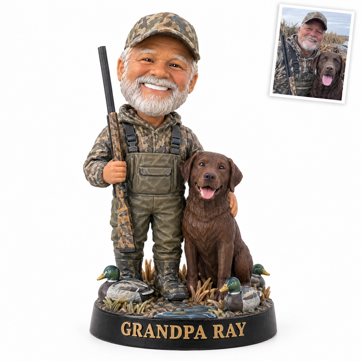 Caricature hunting figurine style 2, grandpa duck hunter with Lab, GRANDPA RAY