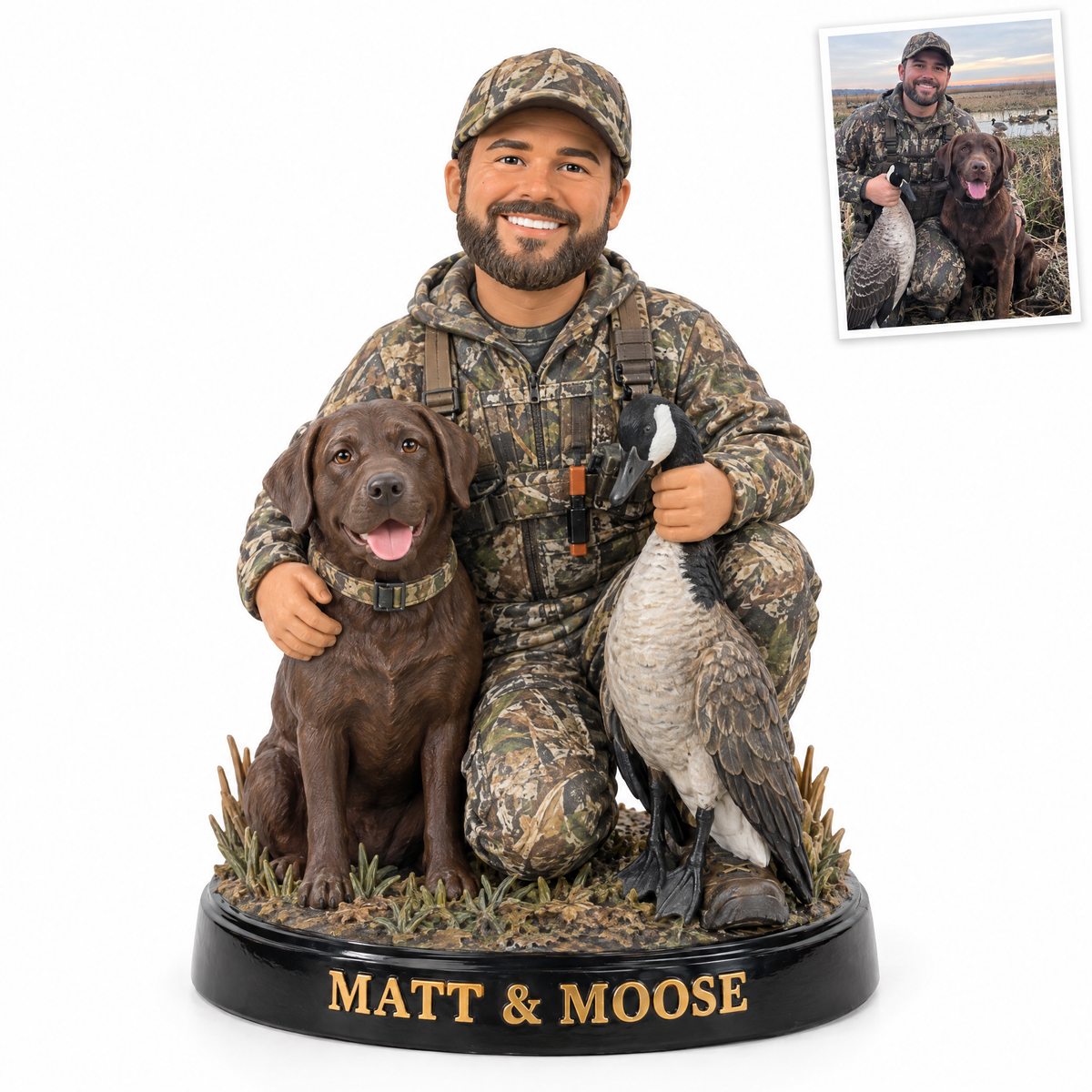Hunter and chocolate Lab goose figurine, MATT & MOOSE
