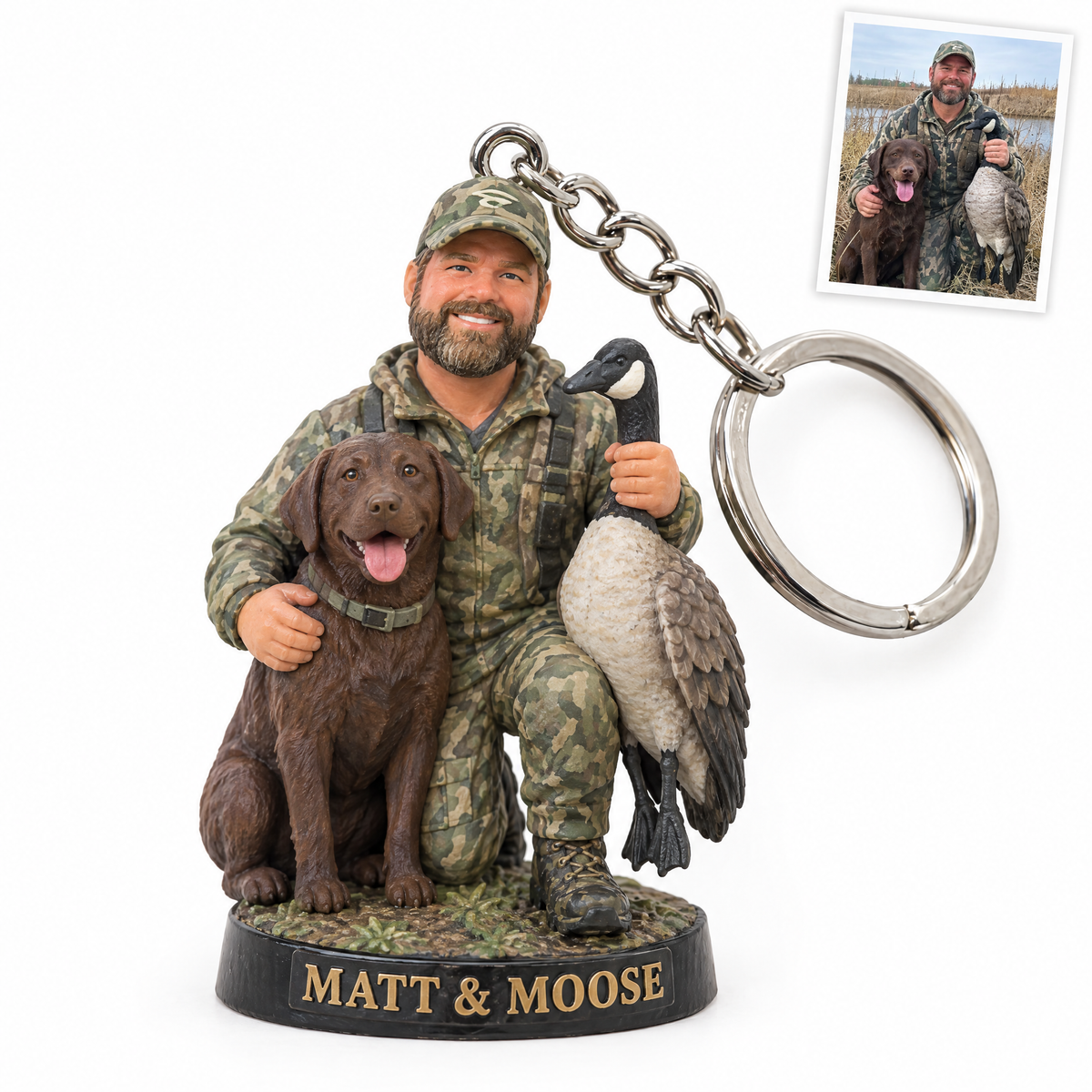 Hunter and chocolate Lab keychain, MATT & MOOSE