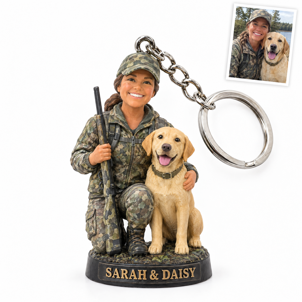 Woman hunter and yellow Lab keychain, SARAH & DAISY