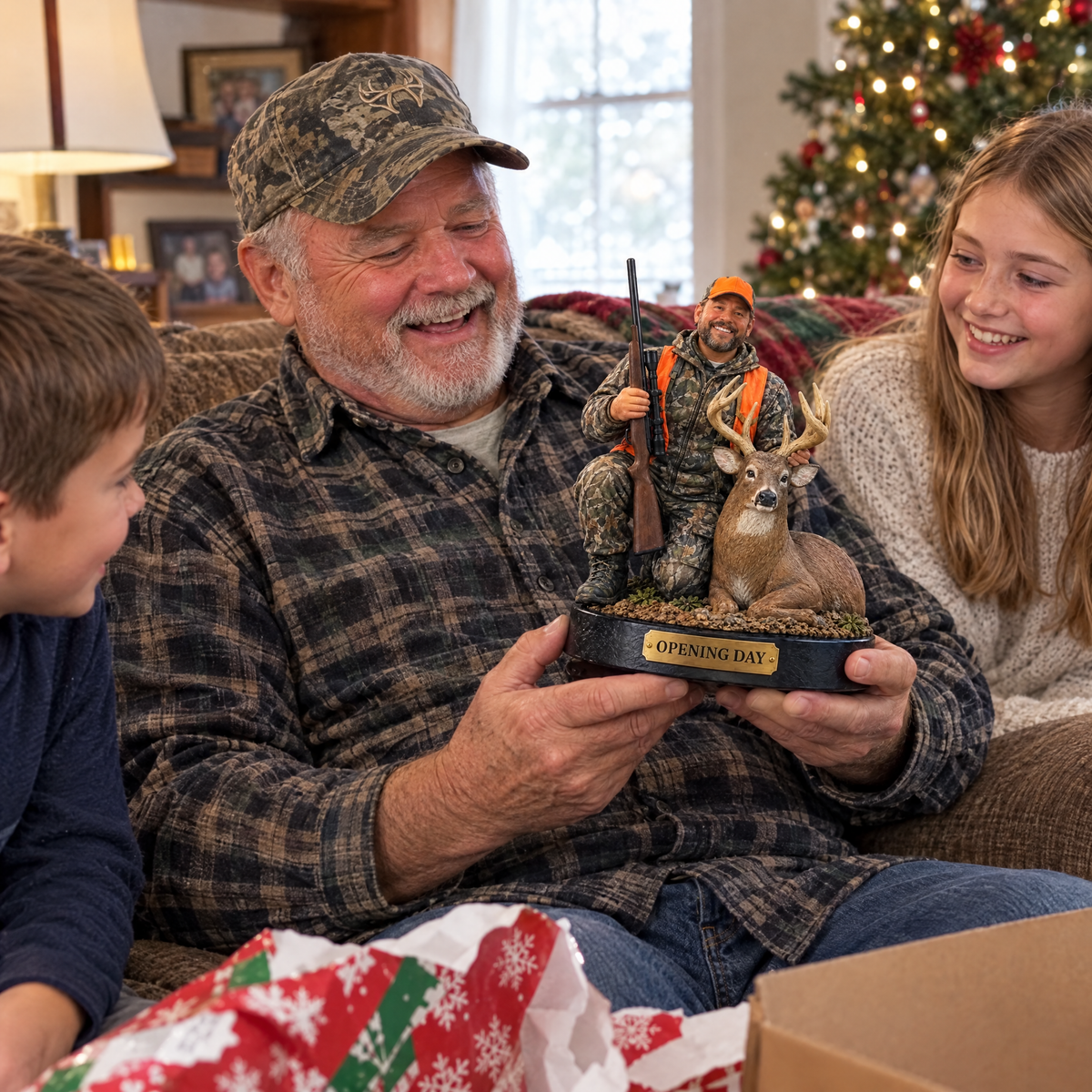 Grandpa opens realistic hunter figurine at Christmas