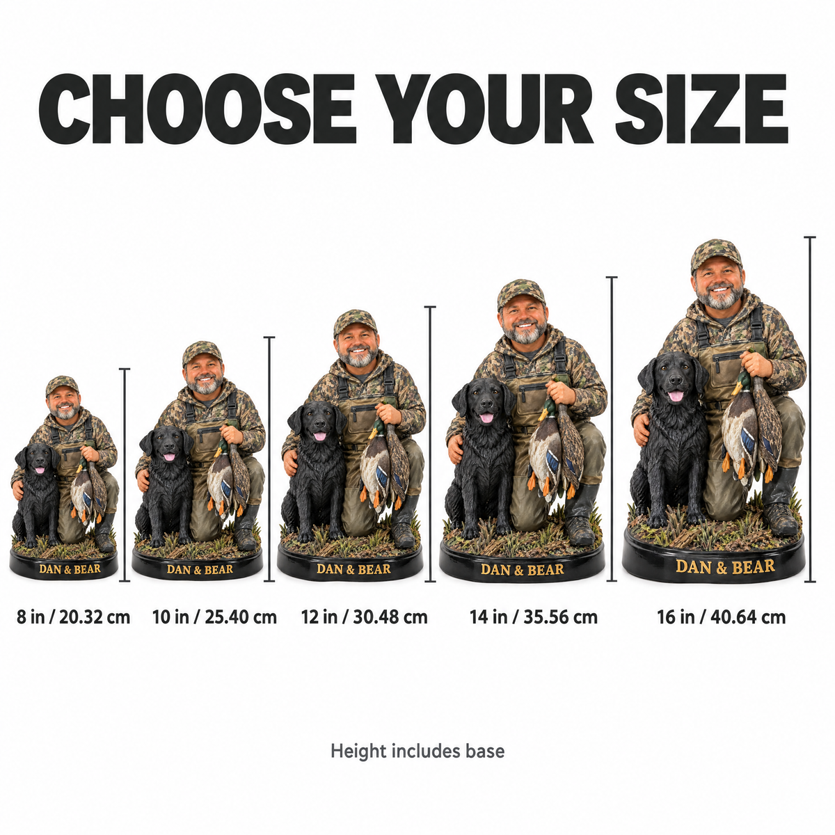 Hunter and dog figurine size chart 8 to 16 inches